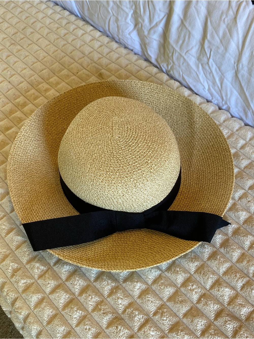 Wide-Brim Straw Hat with Black Bow